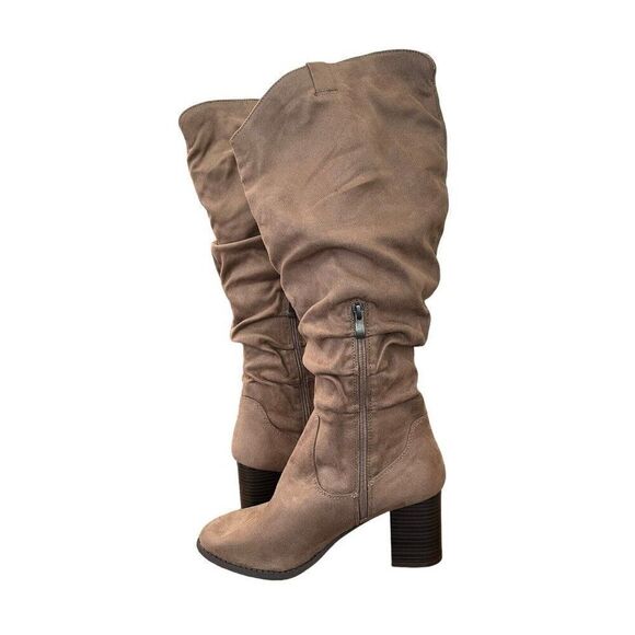 Women's Size 11 M Brown Tall Heeled Boots Pull On Slouchy Side Zip Faux Suede - Picture 4 of 6